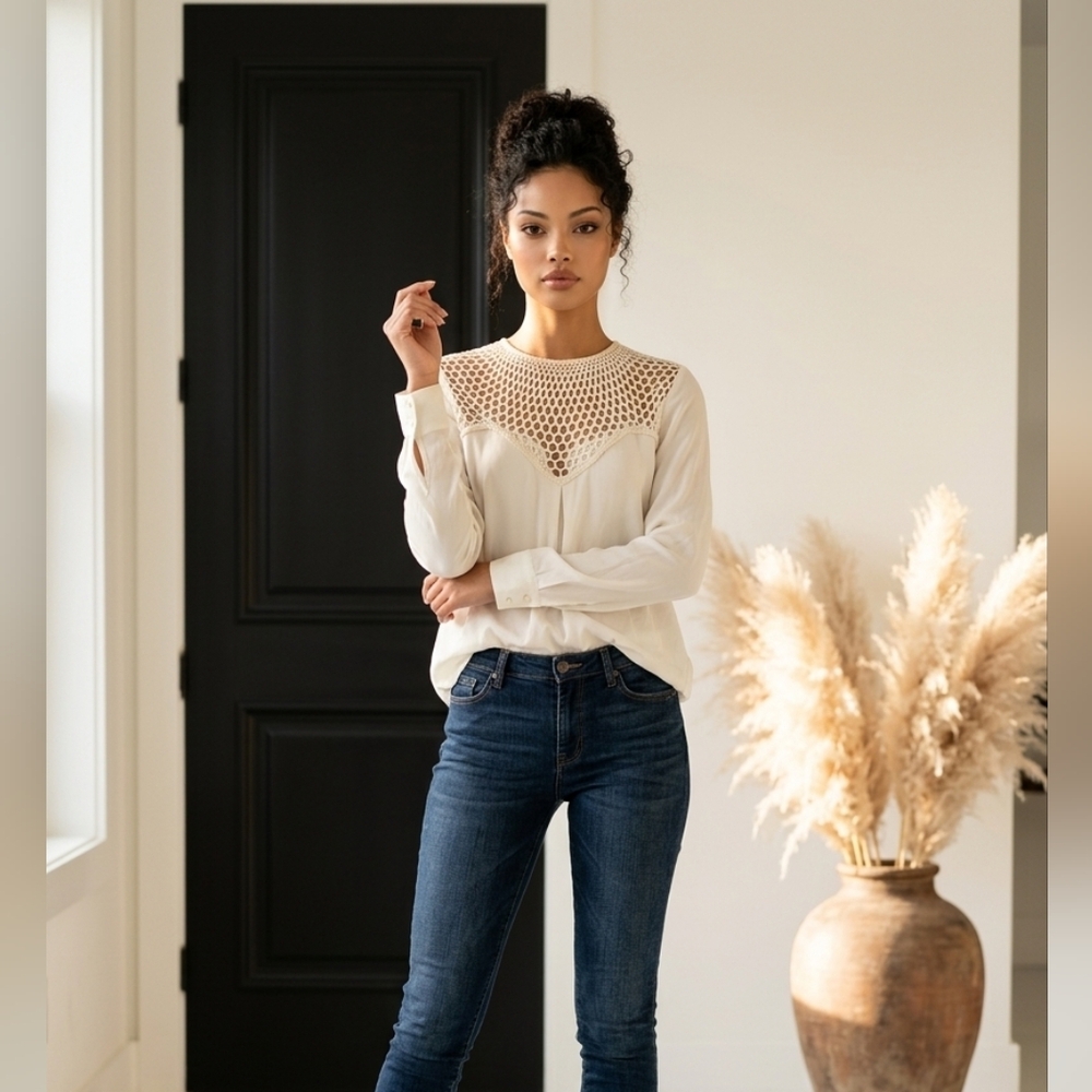 NWT A.L.C. Knit Panel Round Neck Long Sleeve Pullover Blouse Top White SZ 6